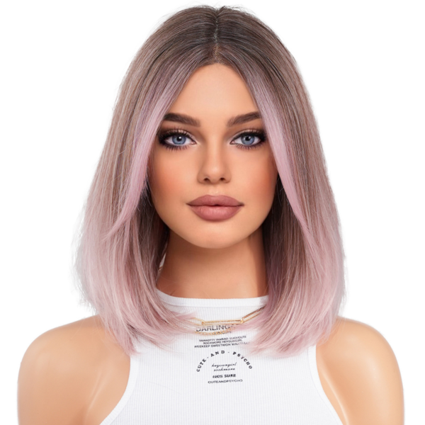 Small T Lace Chemical Fiber Wig Pink Brown Gradient Short Straight Hair Inner Button Pink BoB Lace front Wigs