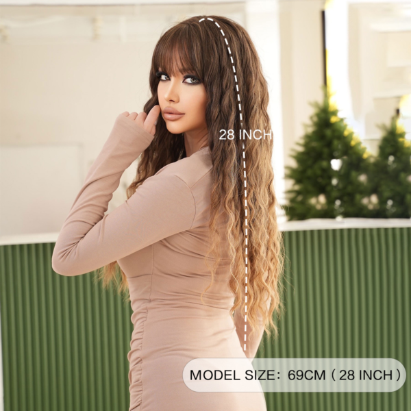 2024 Women's New Wig Gradient Linen Brown Deep Wave Bangs Long Curly Hair Deep Wave Wigs