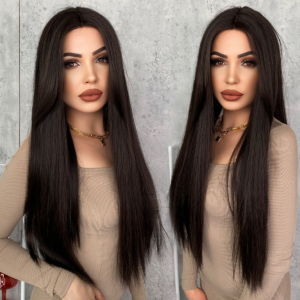 Wig lace wigs hand-woven T-shaped lace long hair medium-parted slightly curly elastic mesh chemical fiber hair wig 23in