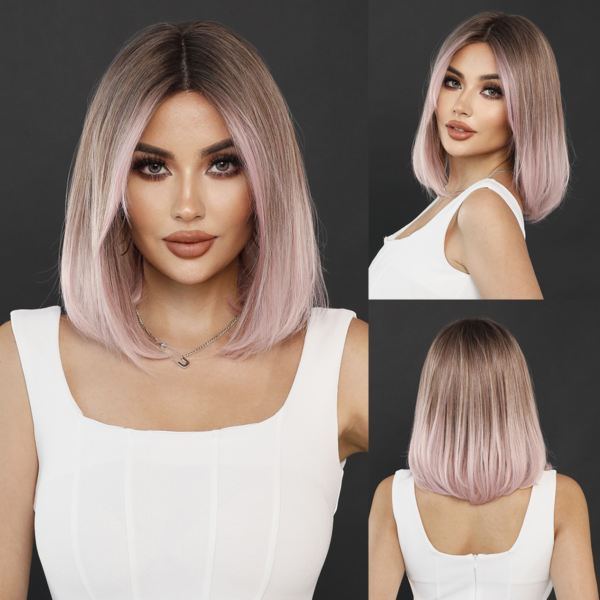 Small T Lace Chemical Fiber Wig Pink Brown Gradient Short Straight Hair Inner Button Pink BoB Lace front Wigs