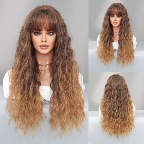 2024 Women's New Wig Gradient Linen Brown Deep Wave Bangs Long Curly Hair Deep Wave Wigs