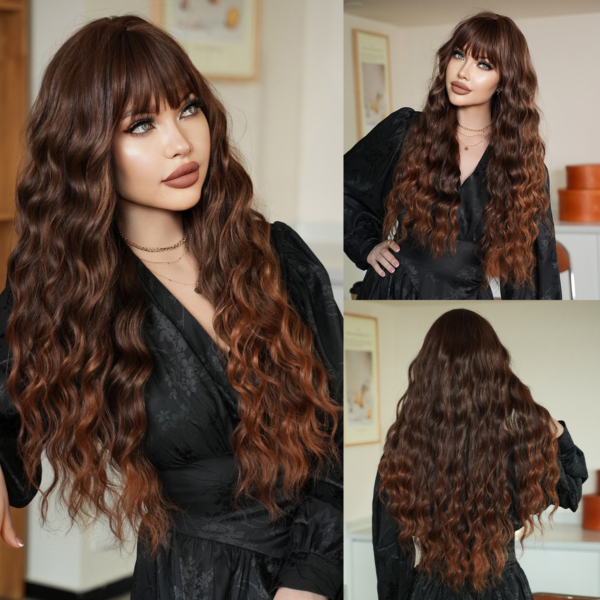 European and American women with curly hair, long hair, brown wavy wigs, full headgear, high-temperature silk, chemical fiber, Brown Wigs