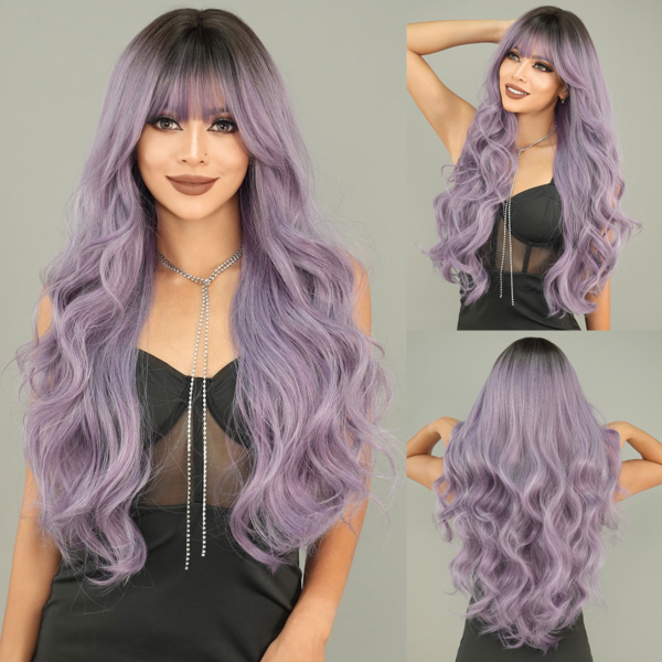 2024 new wig for women with gray purple long curly hair, dyed chemical fiber machine-made wig on top of head