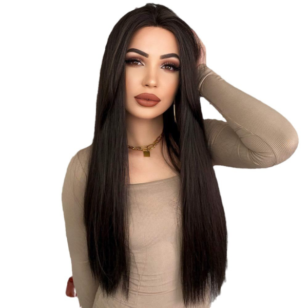 Wig lace wigs hand-woven T-shaped lace long hair medium-parted slightly curly elastic mesh chemical fiber hair wig 23in