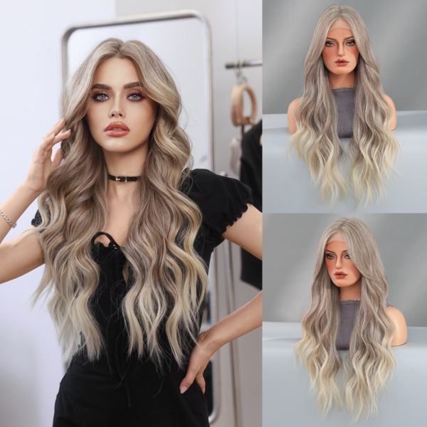 Lace Wig, small T lace wig, European and American beauty milk tea brown gradient, big wavy eight-character bangs, long curly hair