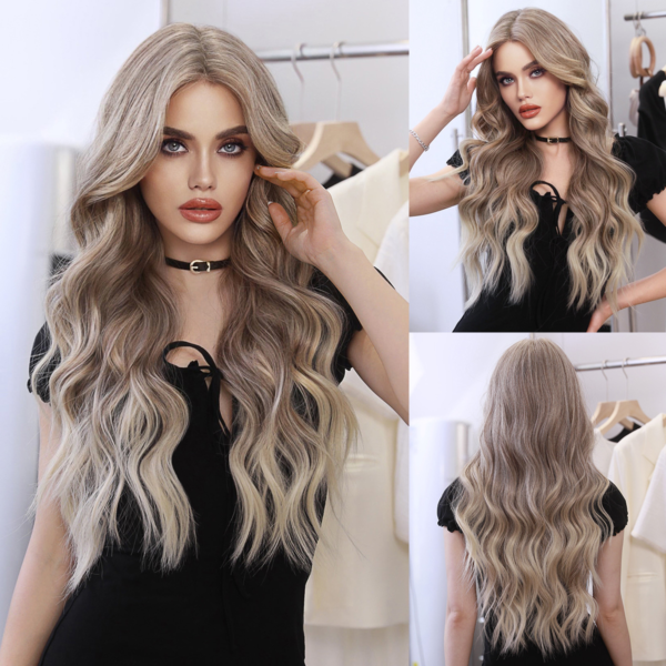 Lace Wig, small T lace wig, European and American beauty milk tea brown gradient, big wavy eight-character bangs, long curly hair