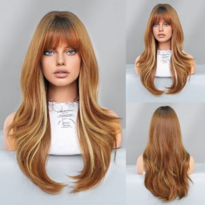 Wig for women, full headband, green brown highlights, golden bangs, long curly hair, machine-made chemical fiber wig