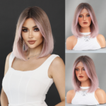 Small T Lace Chemical Fiber Wig Pink Brown Gradient Short Straight Hair Inner Button Pink BoB Lace front Wigs