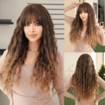 2024 Women's New Wig Gradient Linen Brown Deep Wave Bangs Long Curly Hair Deep Wave Wigs