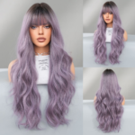 2024 new wig for women with gray purple long curly hair, dyed chemical fiber machine-made wig on top of head