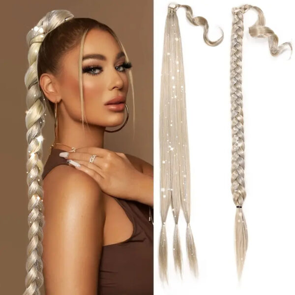 Big braid three-strand braid ponytail laser wire gold and silver wire color high temperature wire wig ponytail