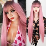 Long straight wig with bangs, dyed pink wig on top of head, daily Cosplay Wig