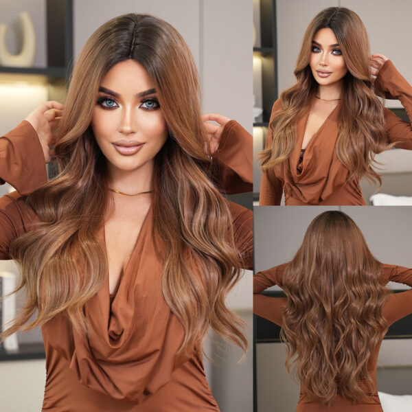 Wig for women with middle parting brown gradient long hair big wave chemical fiber machine-made headgear Ombre Brown Wigs