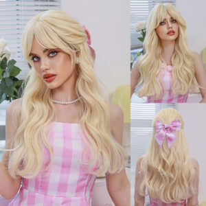 Hot Selling Barbie Gold Wig Long Curly Hair Medium Parting High Quality Chemical Fiber Wig Cosplay Barbie Wig