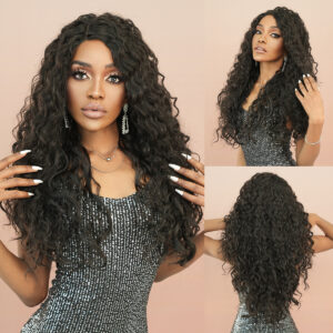 Small T lace chemical fiber wig Lace Wigs brown water wavelength curly hair female middle parting wavy wig