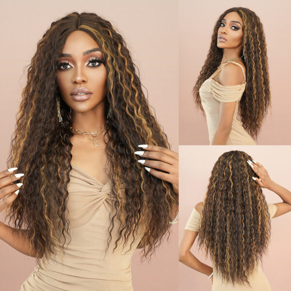 Brown blonde women's medium-parted long curly hair Wig small T lace chemical fiber wig cross-border large wave wig set