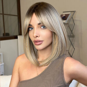 Wig for women with shoulder-length straight hair, gradient golden eight-character bangs, natural chemical fiber full headgear, Blonde Bob Wig