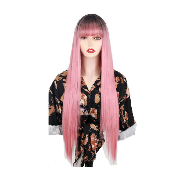 Long straight wig with bangs, dyed pink wig on top of head, daily Cosplay Wig