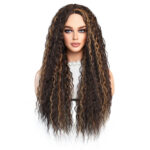 Brown blonde women's medium-parted long curly hair Wig small T lace chemical fiber wig cross-border large wave wig set