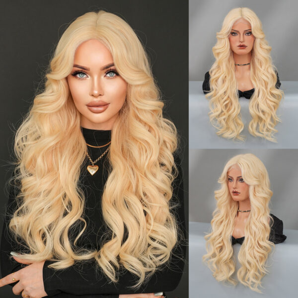 Platinum lace wig, long curly hair, big waves, middle parting, realistic women's synthetic fiber full headgear