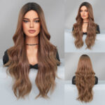 Wig for women with middle parting brown gradient long hair big wave chemical fiber machine-made headgear Ombre Brown Wigs