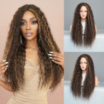 Brown blonde women's medium-parted long curly hair Wig small T lace chemical fiber wig cross-border large wave wig set