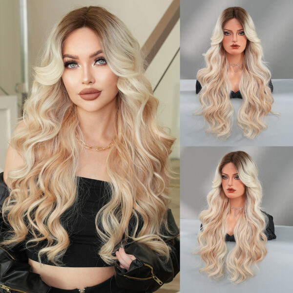 Platinum lace wig, long curly hair, big waves, middle parting, realistic women's synthetic fiber full headgear