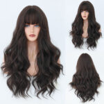 Brown Wig Headband Gradient Color Wig Long Curly Hair Fashion Layered Full Bangs Wigs