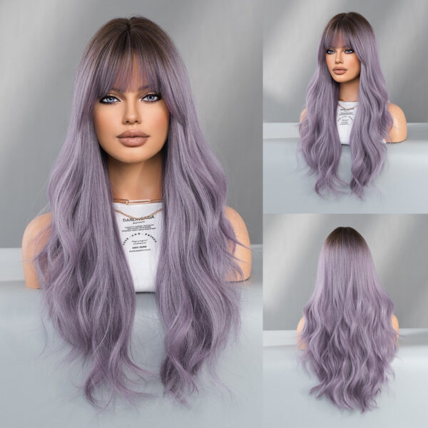 New wig for women with gray purple long curly hair, dyed wig on top of head