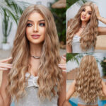 Wig female European and American wind points dark brown long curly hair wig full head female