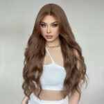 Wig with long curly waves, brown highlights, and a head covering for daily use, full head ！