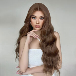 Wig with long curly waves, brown highlights, and a head covering for daily use, full head ！